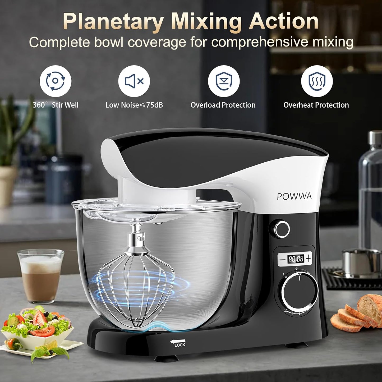 Stand Mixer, POWWA 6.5 QT 10 Speeds Tilt-Head Electric Stand Mixer, 3-In-1 Kitchen Mixer with Bowl, Dough Hook, Whisk and Beater, Food Mixer for Baking and Daily Use (Black White)