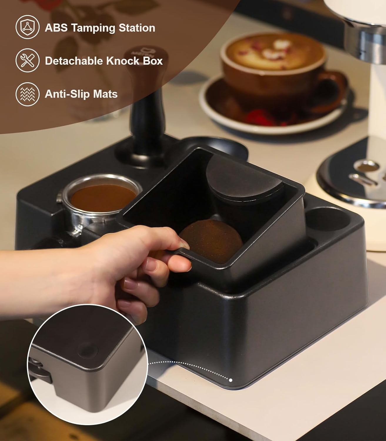 MEION Espresso Tamping Station, Detachable Espresso Knock Box and Tamp Station, 10 in 1 Espresso Organizer Fits 51, 54, 58MM Espresso Tamper, Portafilter, Distributor Puck Screen Espresso Accessories