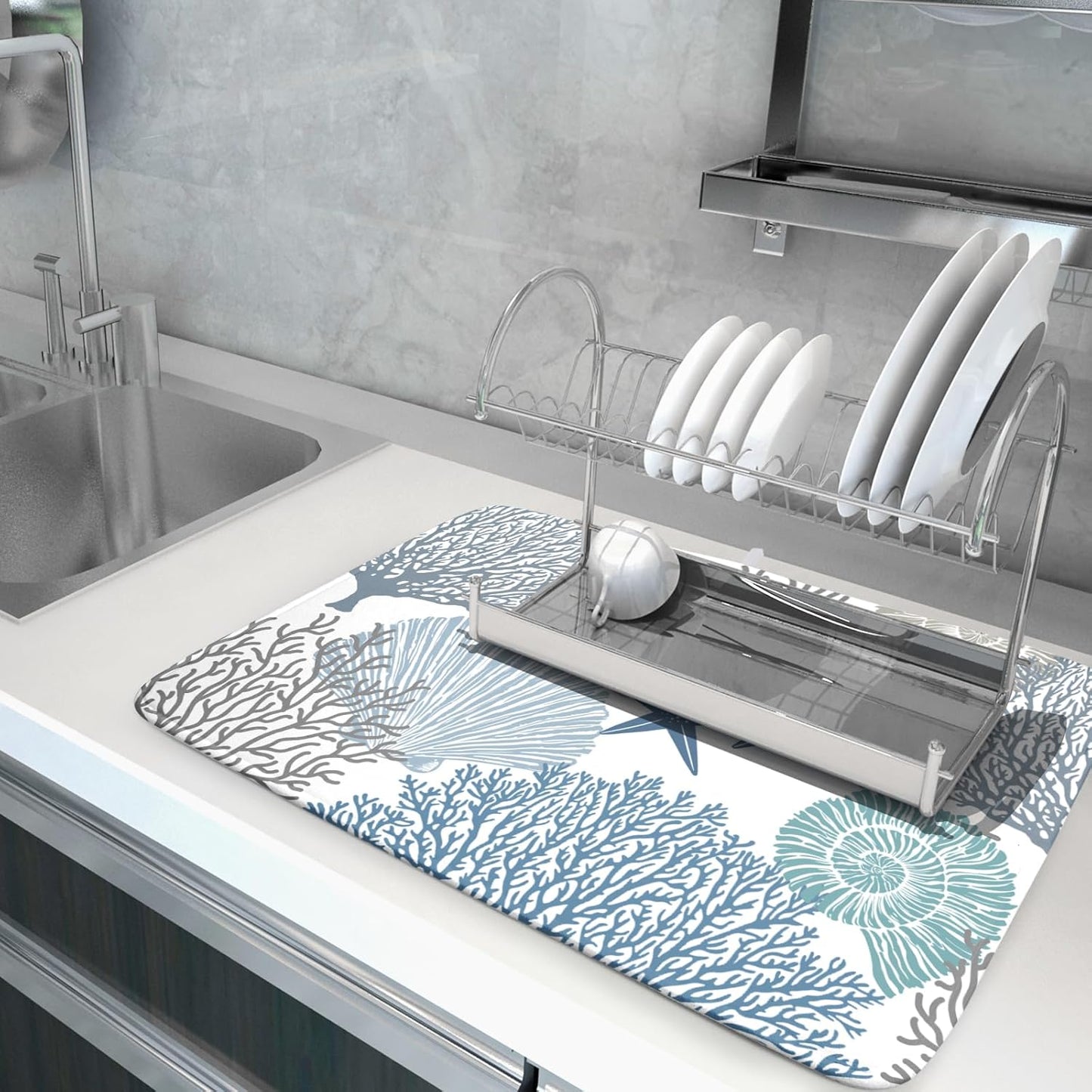 Summer Coastal Dish Drying Mats for Kitchen Counter 16x18 Inch Sea Shells Starfish Drying Mat High Absorbent Reversible Kitchen Mat Blue Coral Ocean Themed Dishes Pad for Countertop Tableware Decor