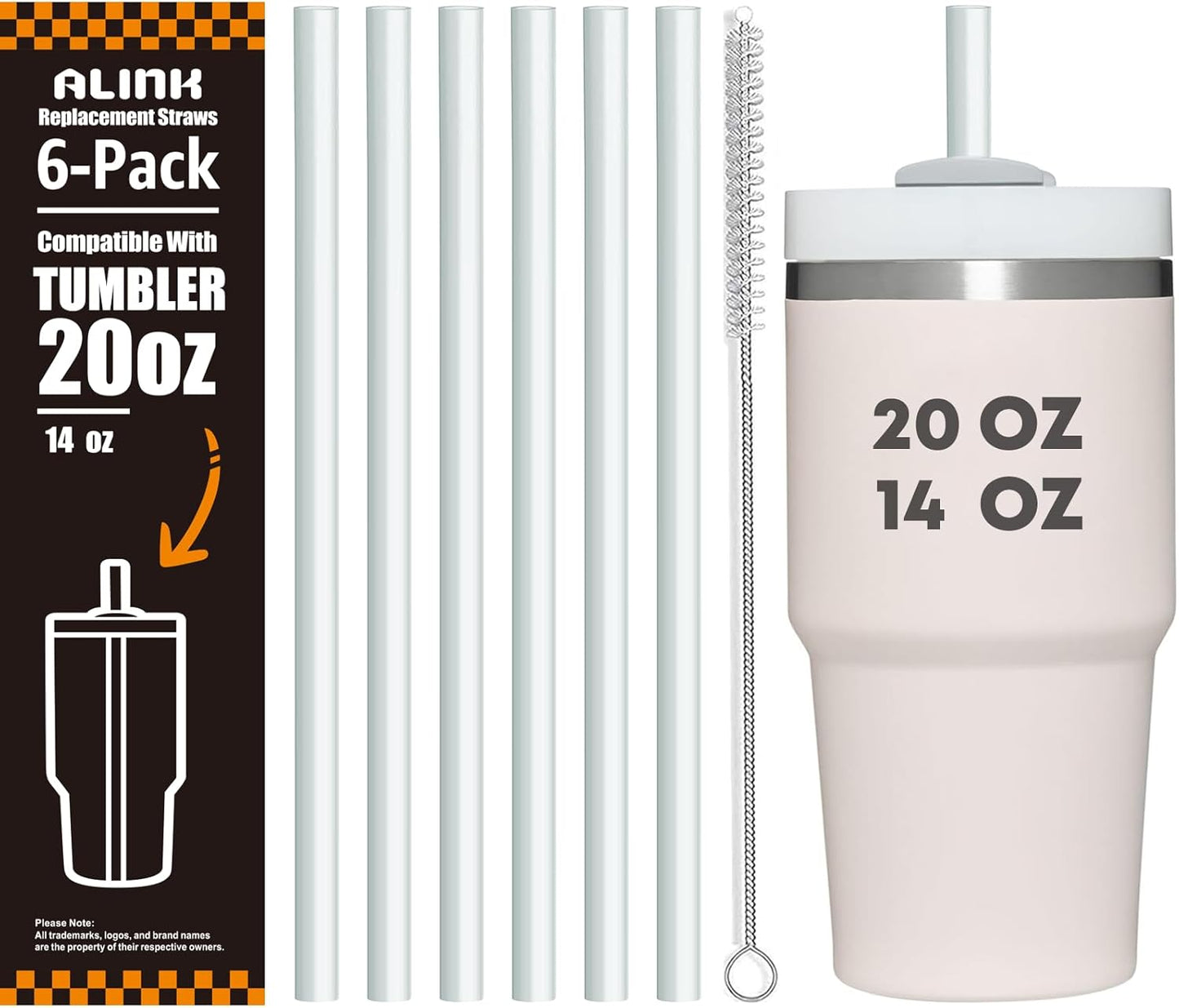 ALINK Clear Replacement Straws for Stanley 20oz 14oz Tumble, 6 Pack Reusable Straws for Stanley Quencher 20oz 14oz Cups with Cleaning Brush, Dishwasher Safe and BPA Free