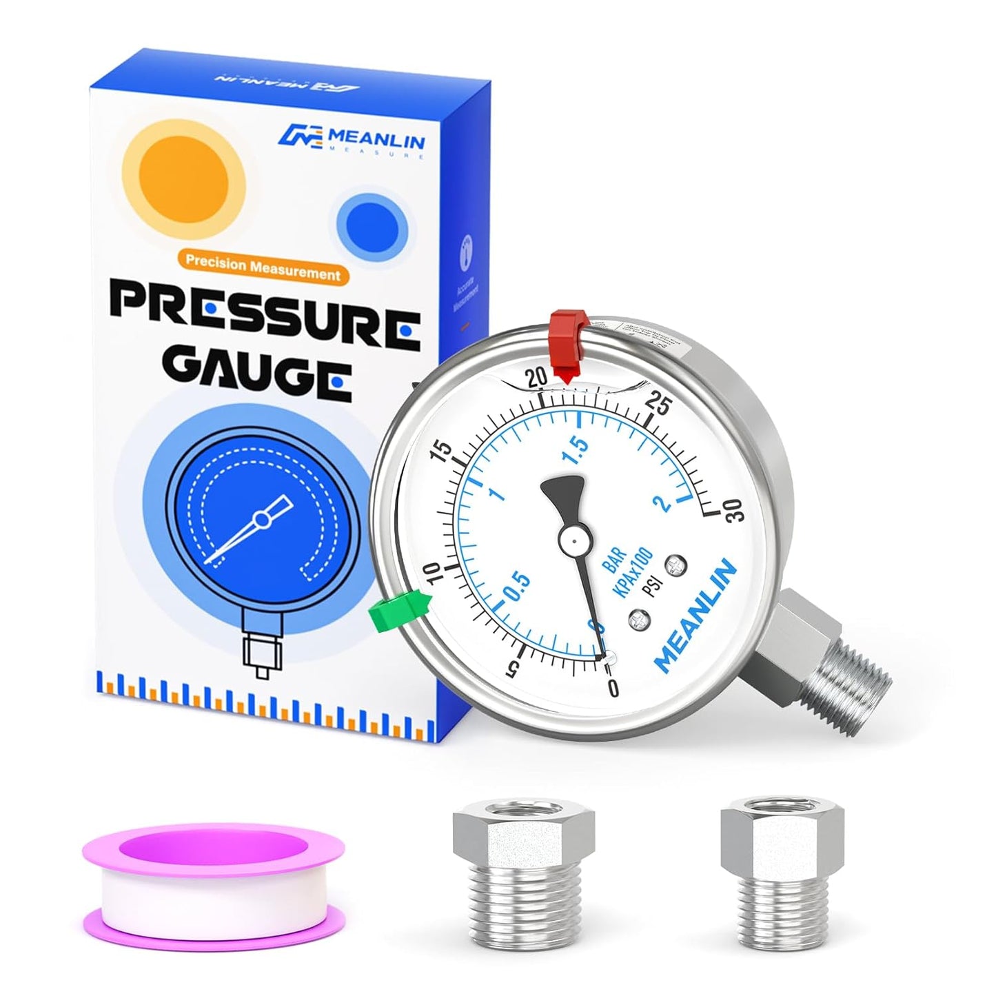 MEANLIN MEASURE 0~30Psi Stainless Steel Liquid Filled Pressure Gauge 2.5" FACE DIAL 1/4" NPT for Pool Sand Filter Water Oil Air Pressure Test Lower Mount with Stainless Steel Hex Bushing and Snaps