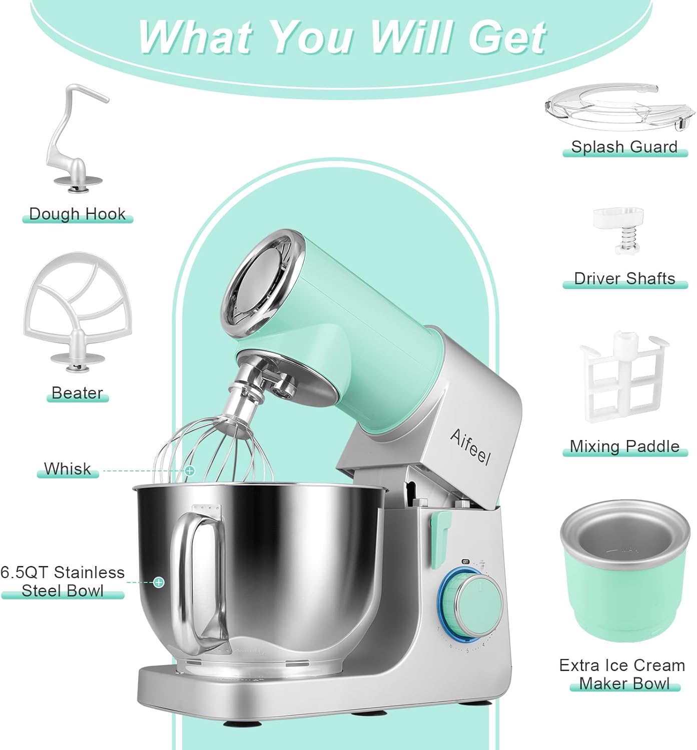 Aifeel Stand Mixer,6.5QT Kitchen Electric Mixer with 2QT Ice Cream Maker Bowl, 6 in 1 Multifunctional Bread Dough Mixer with Dough Hook,Whisk & Beater, Food Mixer for Baking (Green-Silver)