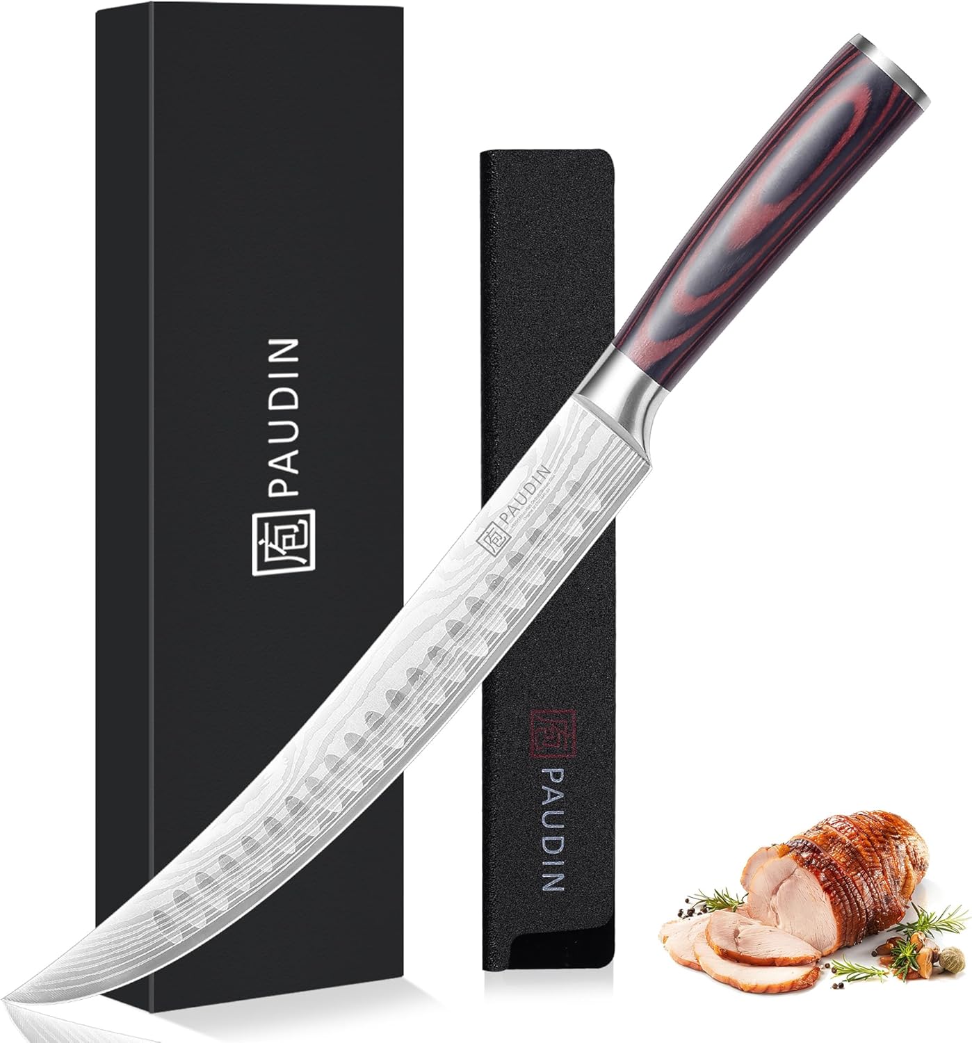 PAUDIN Carving Knife, 10 Inch Butcher Knife, Forged High Carbon German Stainless Steel, Razor Sharp Curved Brisket Slicing Kinfe for Poultry Beef Pork Meat Cutting, Ergonomic wood Handle Design