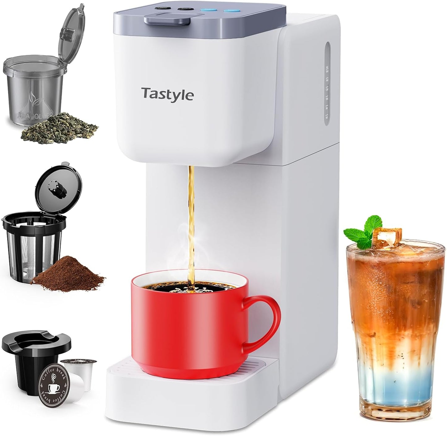 Single Serve Coffee Maker for K Cup, Ground and Tea, Hot and Iced Coffee Machines with Bold Setting, 6 to 16 Oz Brew Sizes, Compact for Small Spaces, White (2.0 Version)