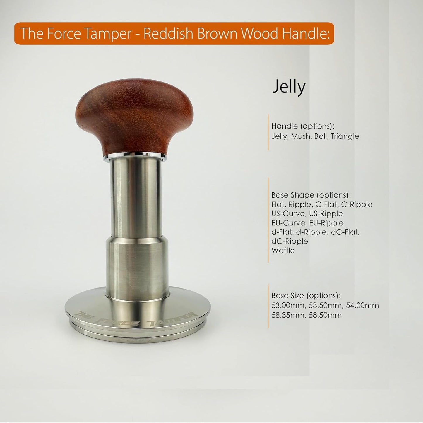 The Force Tamper Automatic Impact Adjustable Constant Pressure and Autoleveling Coffee Tamper Reddish Brown Jellyfish Wooden Handle Set Pro (Ripple-Distribute Set, 53.00mm)