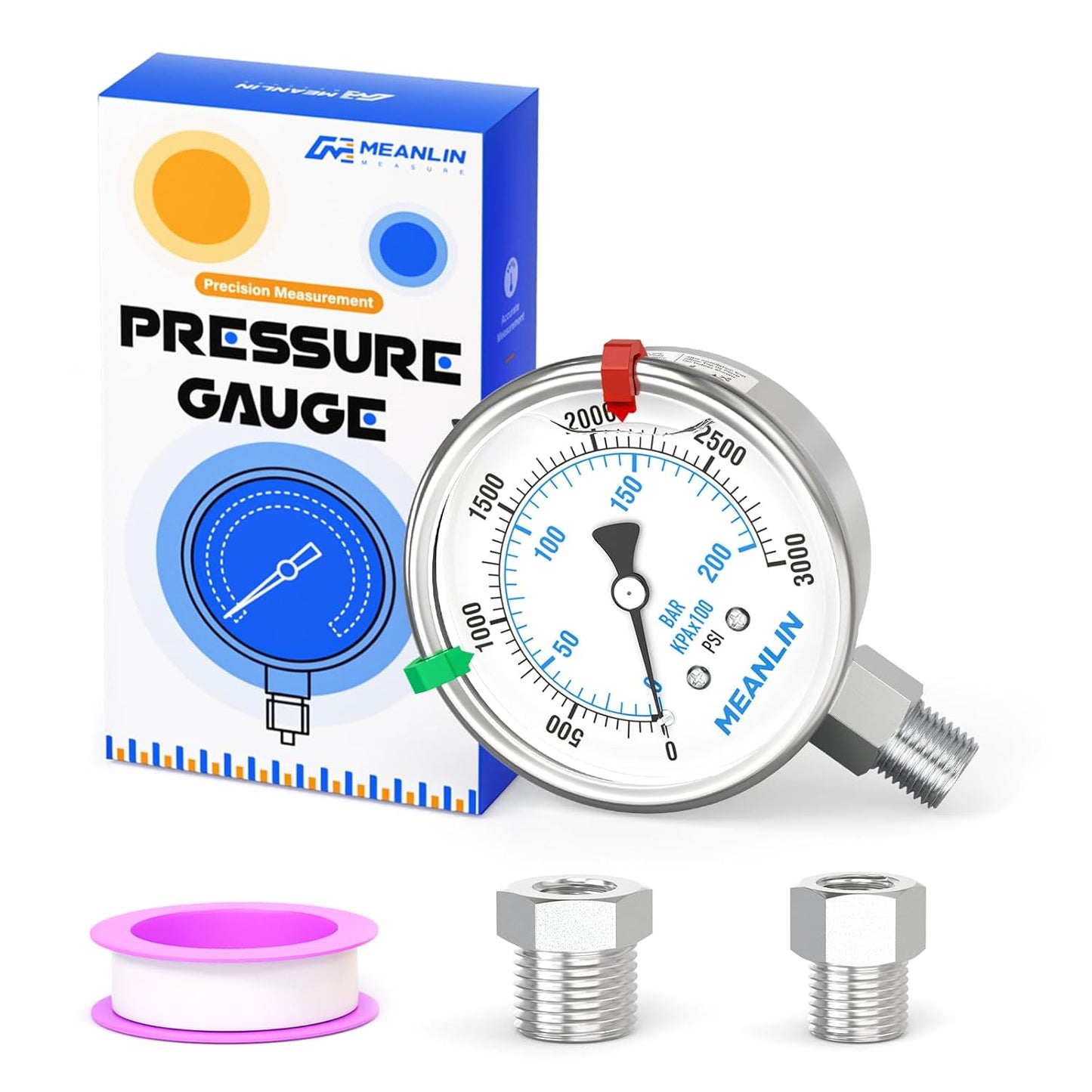 MEANLIN MEASURE 0~3000Psi Stainless Steel Liquid Filled Pressure Gauge 2.5" FACE DIAL 1/4" NPT for WOG Water Oil Air Lower Mount with Stainless Steel Hex Bushing and Snaps