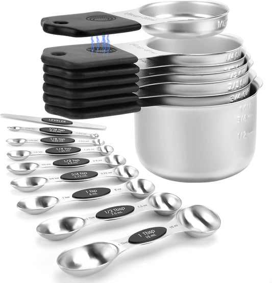 Magnetic Measuring Cups and Spoons Set-Heavy Duty 304 Stainless Steel，Double Measurement Markings，Set of 16 with Leveler for Measure Dry and Liquid Ingredients (Black)