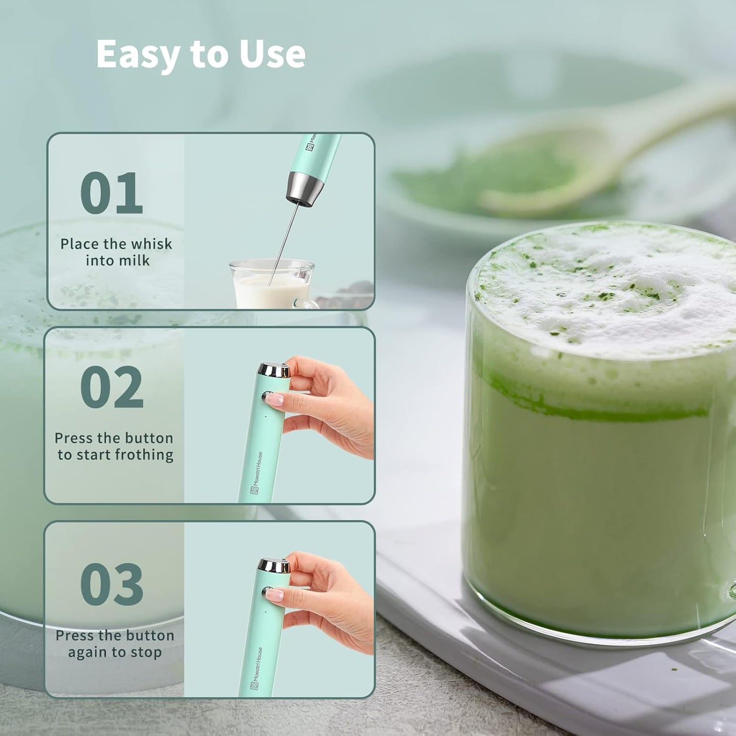 Maestri House Rechargeable Milk Frother with Stand, LunaFro Handheld Electric Foam Maker Waterproof Detachable Stainless Steel Whisk Drink Mixer Foamer for Lattes, Cappuccino