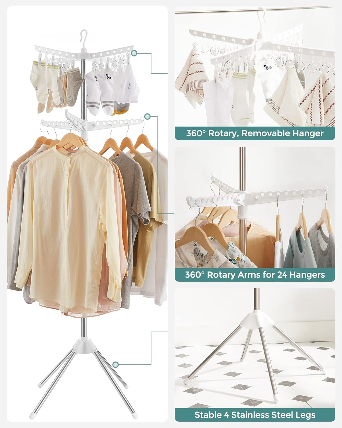 SONGMICS 2-Tier Clothes Drying Rack, 72-Inch Folding Laundry Drying Rack with 3 Rotatable Arms for Hangers, 24 Clips, Stainless Steel, for 27 Pieces of Clothes, White and Silver ULLR512W01