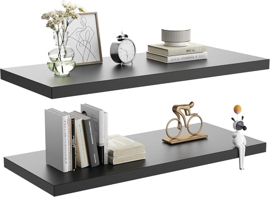 Wall Shelf Set of 2, Black Floating Shelves 24 in W x 10 in D x 1 in H, Wooden Floating Wall Shelf with Invisible Brackets for Living Room/Bedroom/Bathroom/Kitchen Storage and Decor