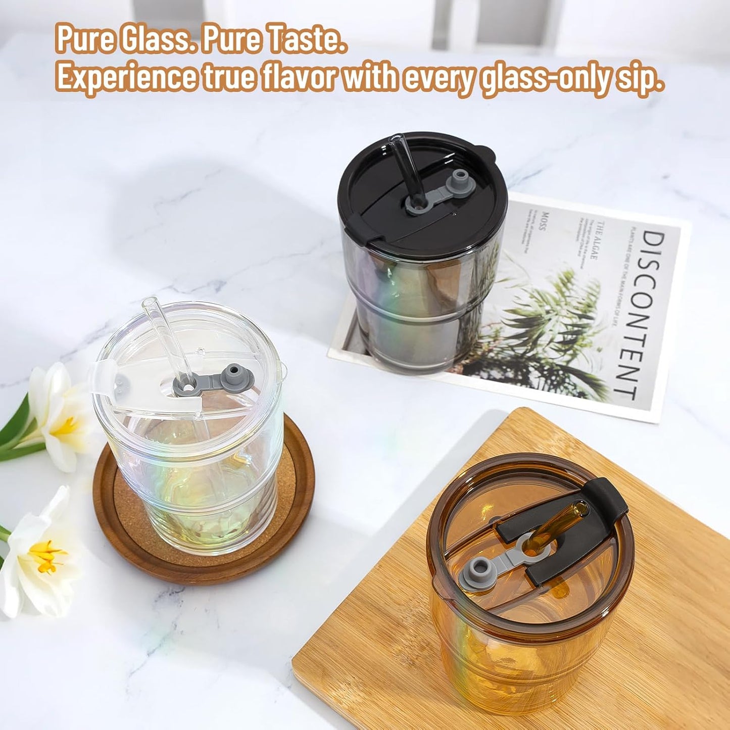 13 oz Glass Tumbler with Glass Straw and Lid, Leak-Proof Reusable Travel Cup for Iced Coffee, Tea, Matcha, Fruit Juice – Thick Wall Clear Water Bottle (Amber & Iridescent Shimmer, 2 Pack)