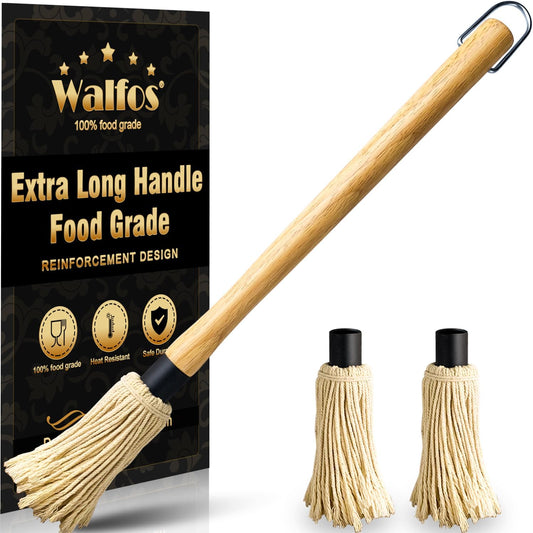Walfos BBQ Mop Brushes for Sauce, Grilling Basting Mop Wooden Long Handle with 3 Heads, for Grilling, Barbecue, Smoking Steak (18")