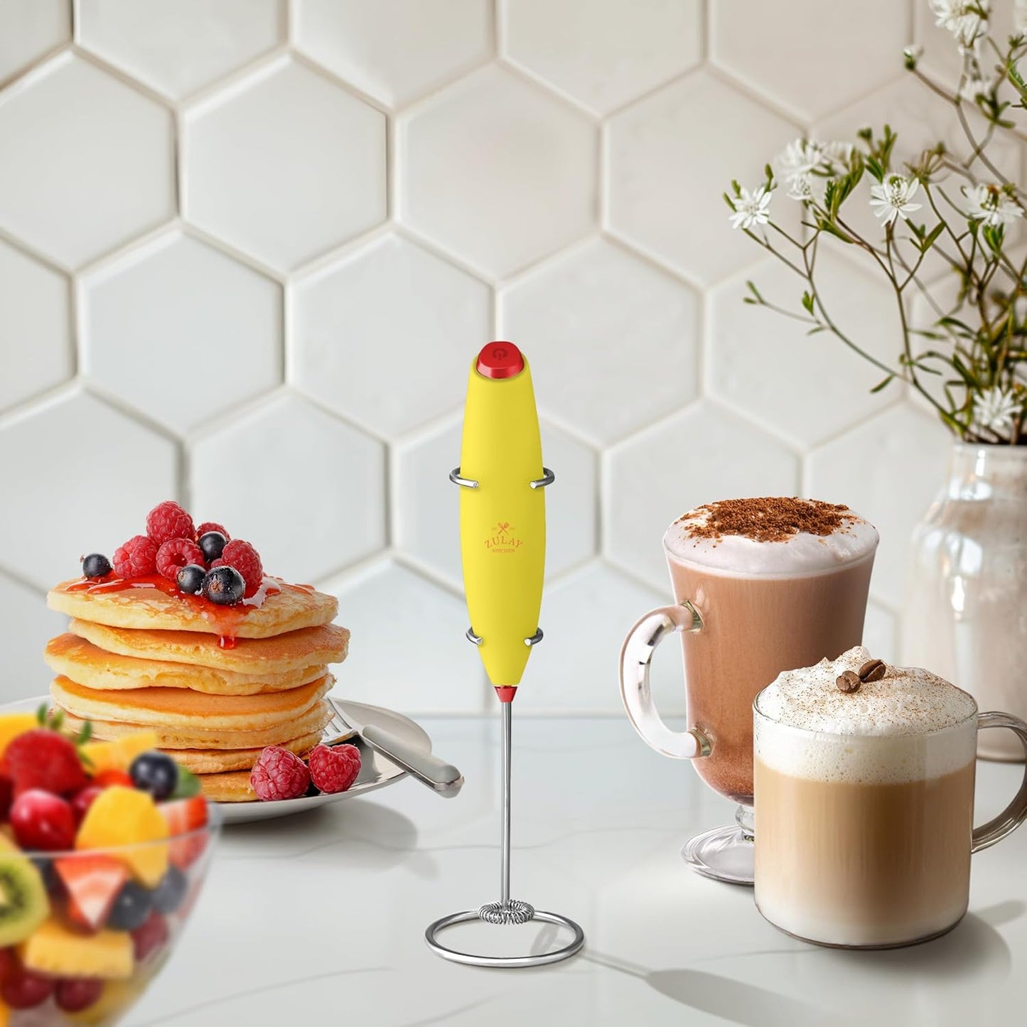 Zulay Kitchen Powerful Milk Frother Wand - Ultra Fast Handheld Drink Mixer - Electric Whisk Foam Maker for Coffee, Lattes, Cappuccino, Matcha & Creamer - Lime N Red