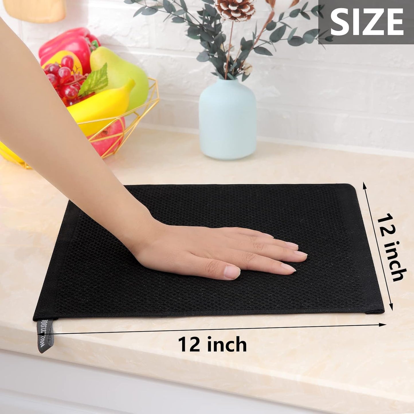 Homaxy 100% Cotton Waffle Weave Kitchen Dish Cloths, Ultra Soft Absorbent Quick Drying Dish Towels, 12 x 12 Inches, 8-Pack, Black
