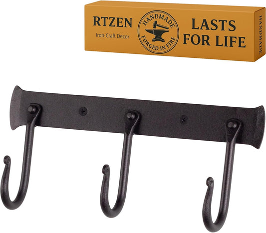 RTZEN Wall Mount Hook Set - Wrought Iron Decorative Rustic Metal Coat Hooks for Hanging - Handcrafted Classic Farmhouse Wall Mounted Black Hooks for Towel Robe or Hat Hanging - 3 Hook Rack