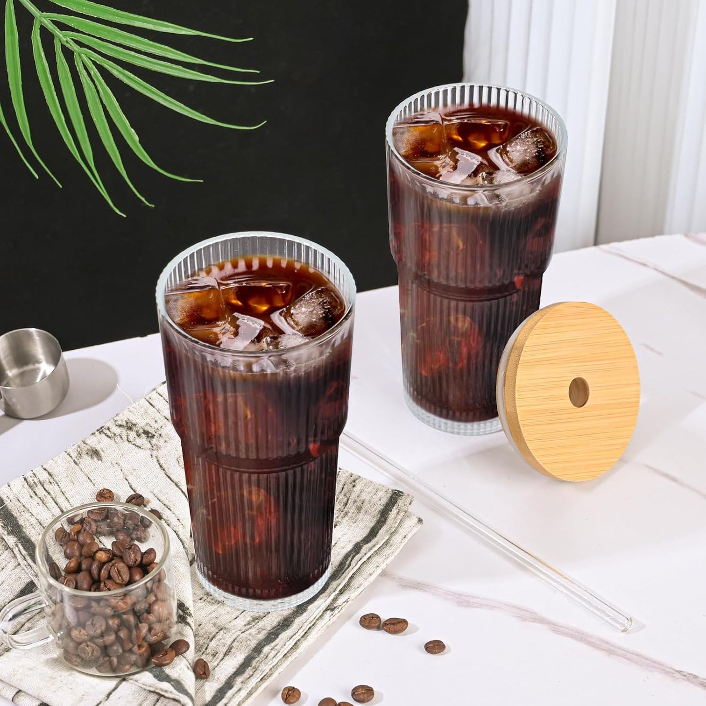 20oz Glass Cups with Lids and Straws,4PCS Ribbed Glass Coffee Cups,Iced Coffee Cups with Lid,Vintage Bamboo Tumbler for Juice,Smoothies