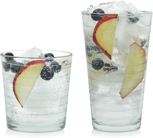Libbey Hoops Tumbler and Rock Glass Set, Two Sized Nostalgic Retro Glass Cups Set, Dishwasher Safe Glasses Drinking Set of 16 for Any Occasion