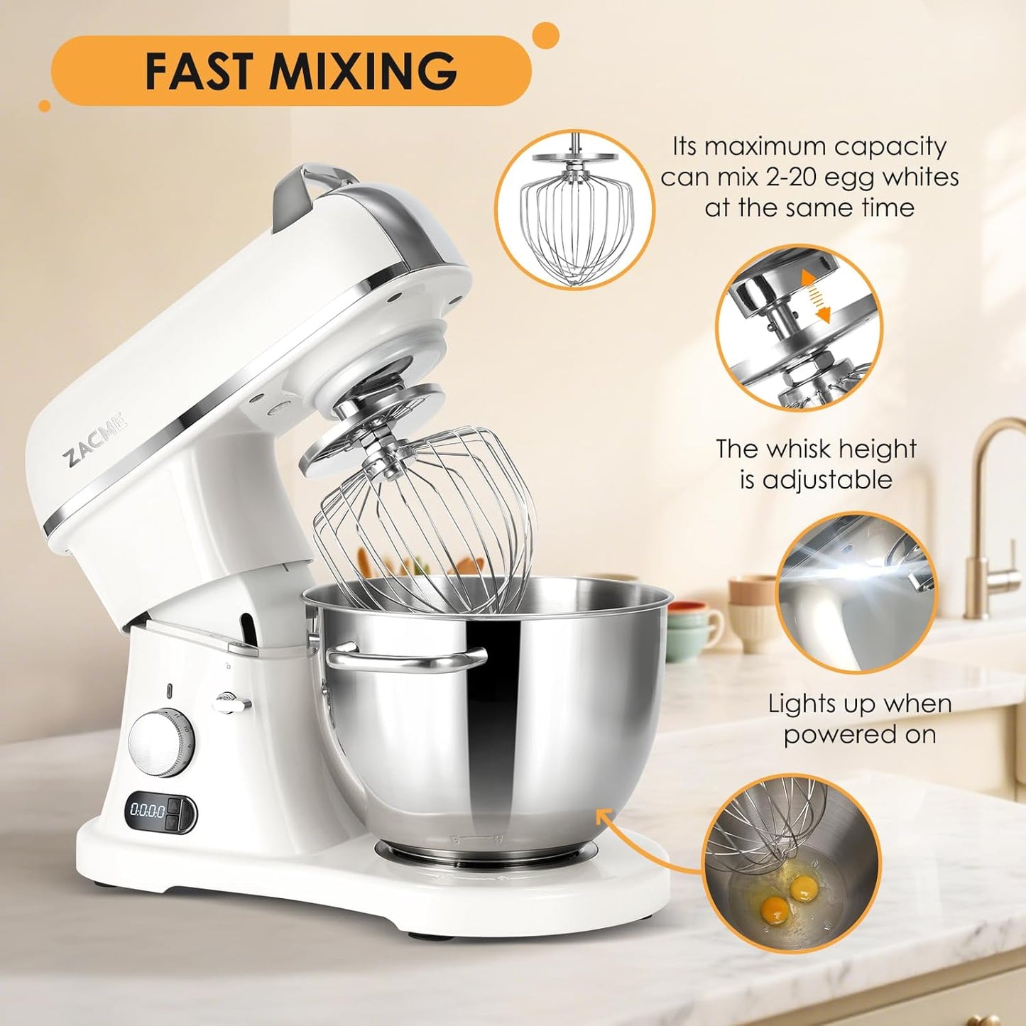 ZACME 8.4QT Commercial Stand Mixer 800W with NSF Certified and Aluminum Die Casting, Mixers Kitchen Electric Stand Mixer with Stainless Steel 8L Bowl, Dough Hook, Whisk and Beater, Porcelain
