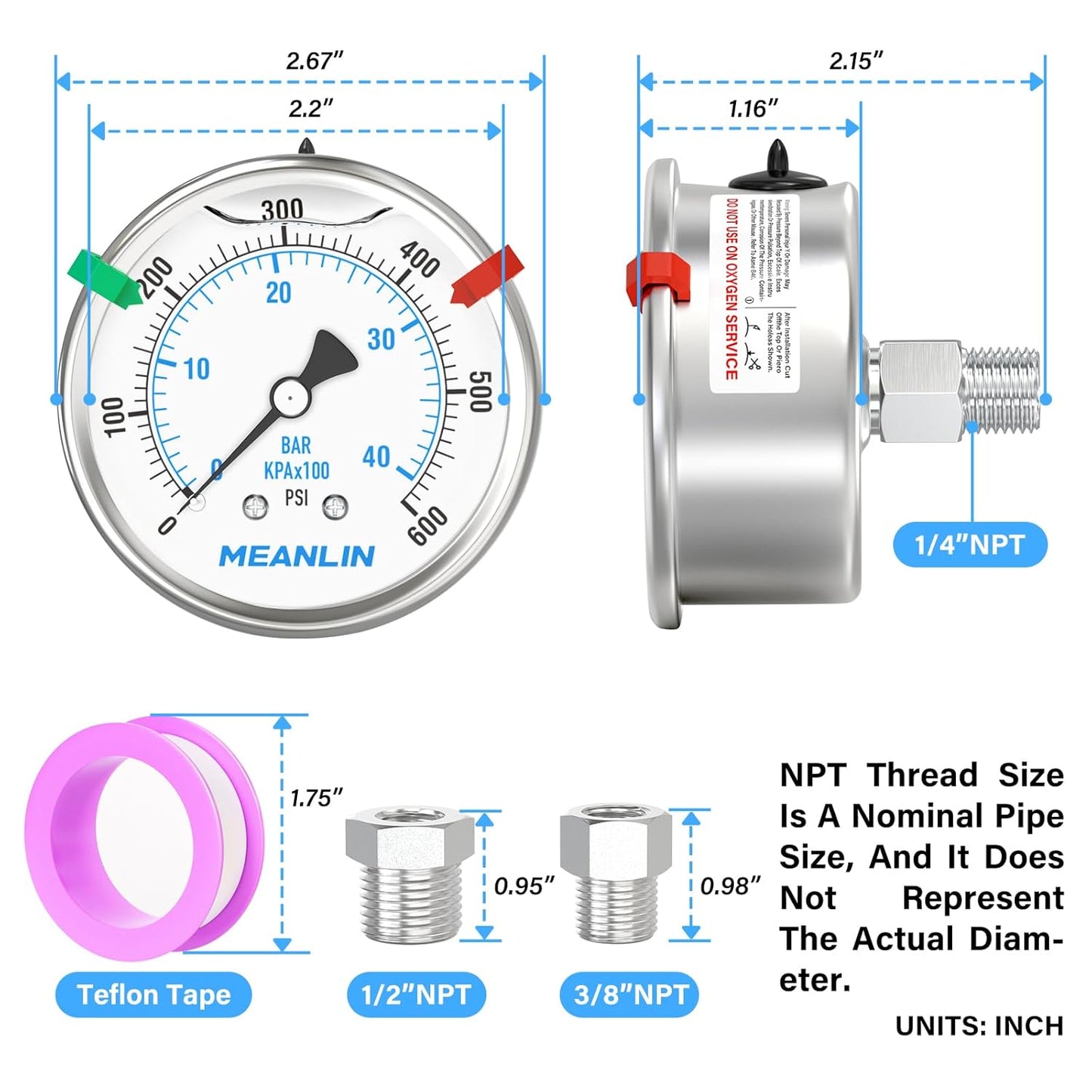 MEANLIN MEASURE 0~600Psi Stainless Steel Liquid Filled Pressure Gauge 2.5" FACE DIAL 1/4" NPT for WOG Water Oil Air Back Mount with Stainless Steel Hex Bushing and Snaps