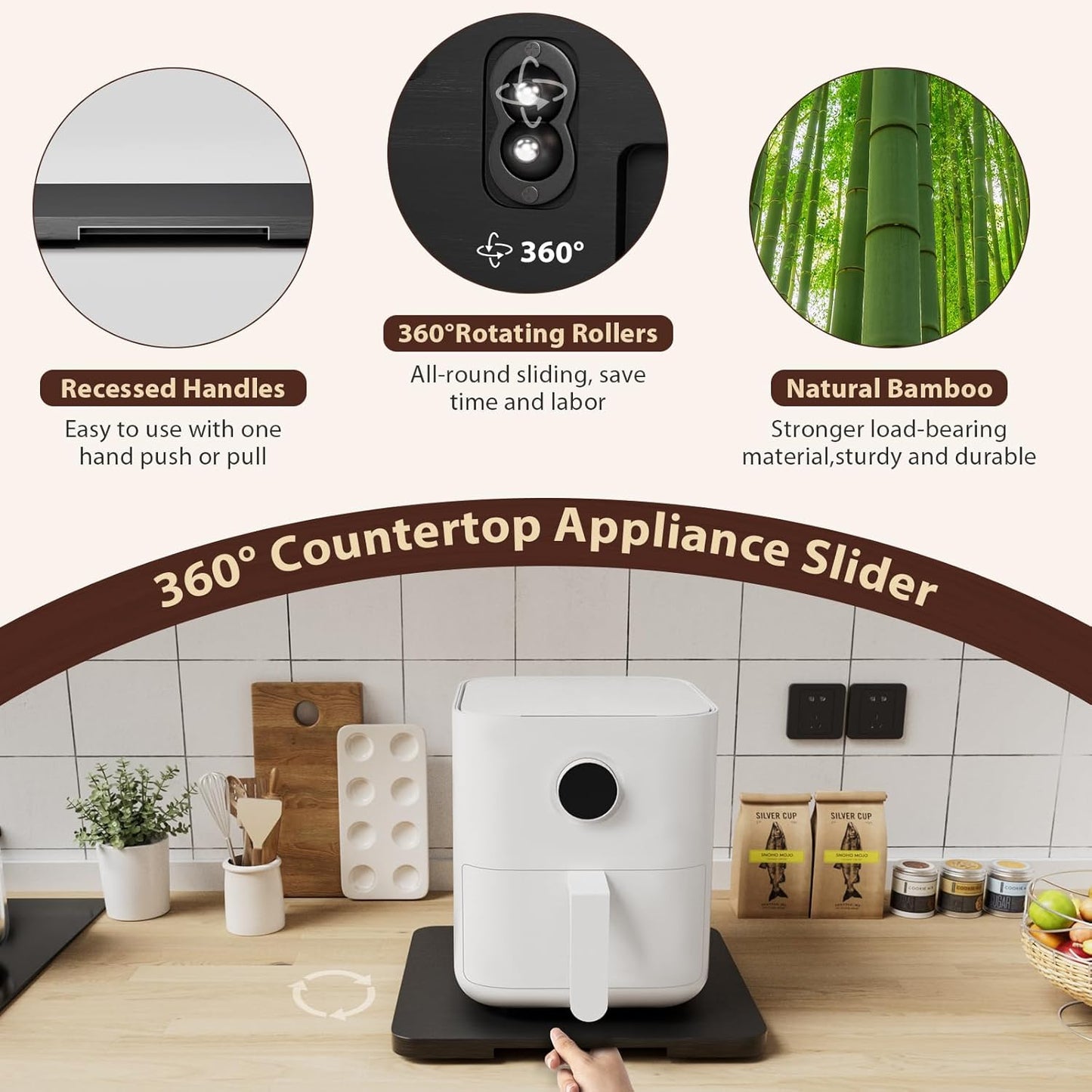 GuanQiao 360° Rotation Appliance Slider for Coffee Maker & Heavy Kitchen Appliance, Bamboo Rolling Tray for kitchen Counter, Sliding Tray with Premium Wheels (Black, 13.9"×11.6")