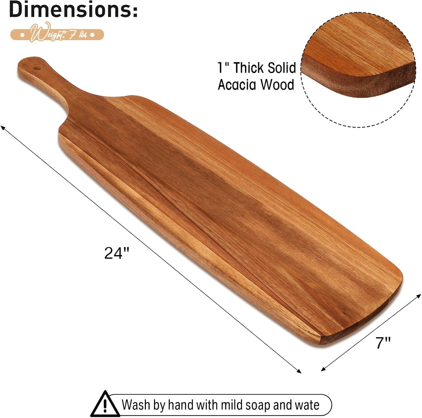 Kathfly 3 Pcs Acacia Wood Cutting Board with Handle Wooden Laser Kitchen Serving Charcuterie Board for Vegetables Meat Pizza Cheese Fruit Bread(24 x 7 Inch)
