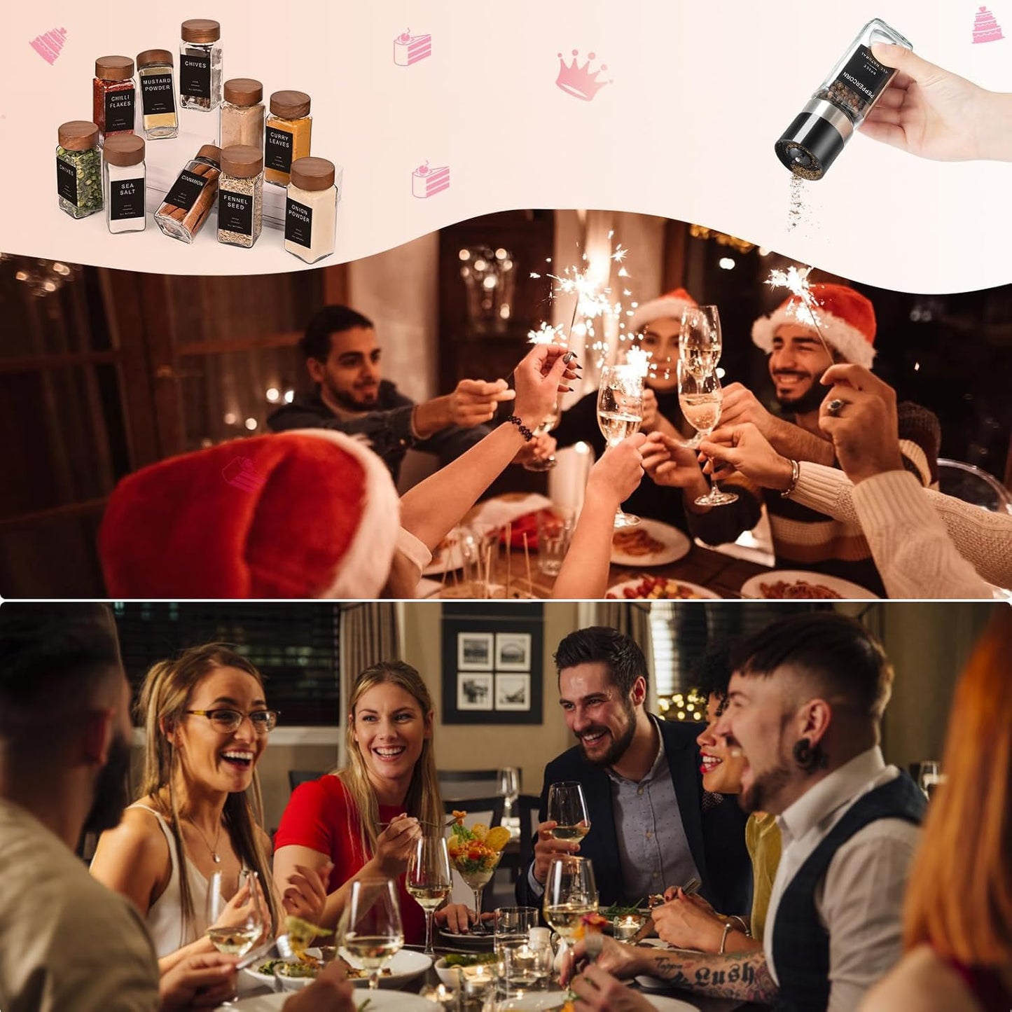 Yangbaga 14Pcs Glass Spice Jars with Labels-4oz Acacia Wood Lid Square Spice Containers with Pepper Grinder Lids &Funnel,Seasoning Jars for Rack Cabinet Drawer