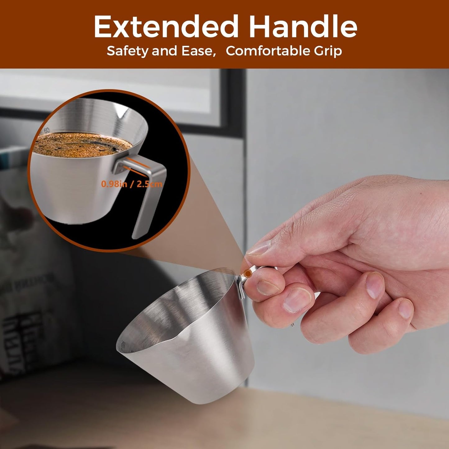 3Pcs Stainless Steel Espresso Cups, Double Spout Metal Espresso Measuring Cup with Handle, Dual Scale Espresso Pouring Cup with V-Shaped Mouth, 3.4oz/100ml (Silver)