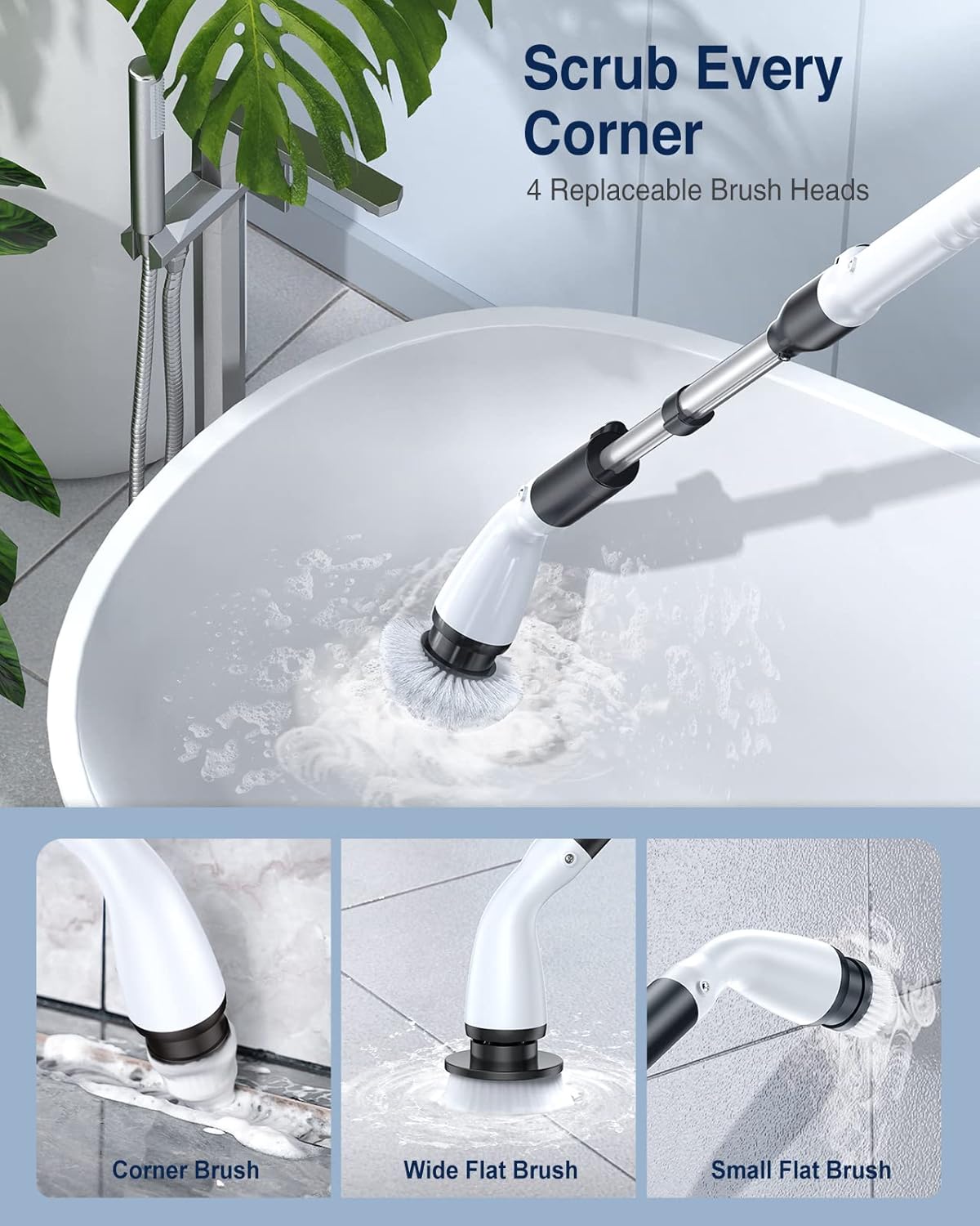 LABIGO Electric Spin Scrubber LA1 Pro, Cordless Spin Scrubber with 4 Replaceable Brush Heads and Adjustable Size Extension Handle Power Full Cleaning Brush for Bathroom Floor, Light Black