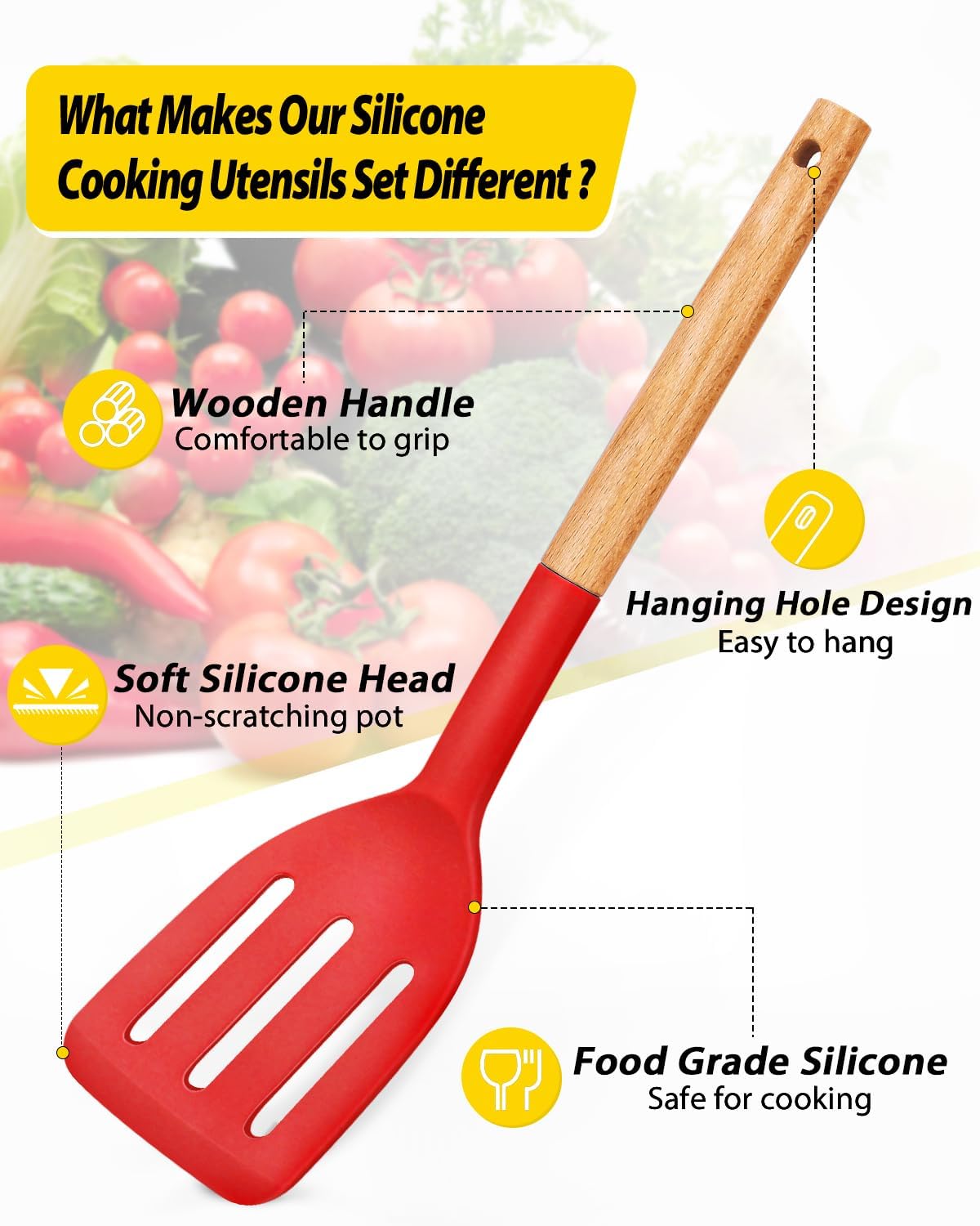 Pack of 4 Silicone Cooking Utensils Set, Non Stick Solid Spatulas and Heat Resistant Slotted Spoons with Wooden Handle, Ideal Wood Kitchen Utensils Set for Frying,Serving,Turning,Stirring (RED)