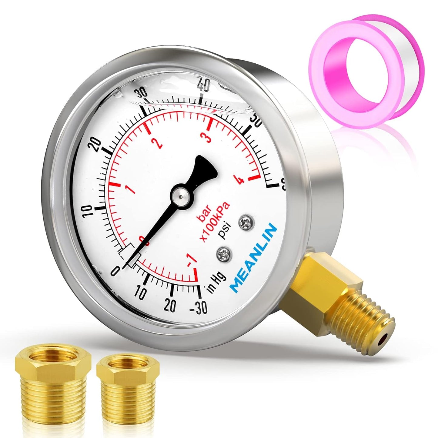 MEANLIN MEASURE -30inHG~60Psi Stainless Steel 1/8" NPT 2.5" FACE DIAL Vacuum Pressure Gauge, Lower Mount, with 1/4" NPT and 3/8" NPT Hex Bushing
