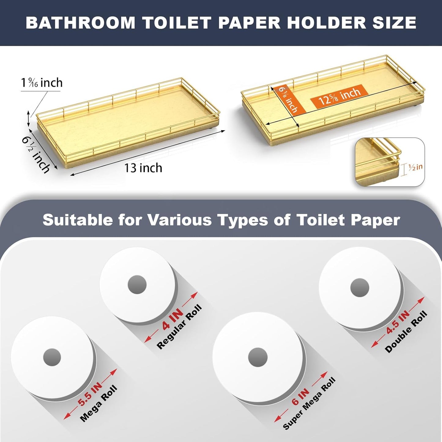 Oak Bathroom Toilet Tank Tray, 13" Wood Toilet Paper Storage Basket Back of Toilet Basket Organizer, Vanity Tray for Perfume Makeup Candle Kitchen Counter Coffee Table Decor, Gold