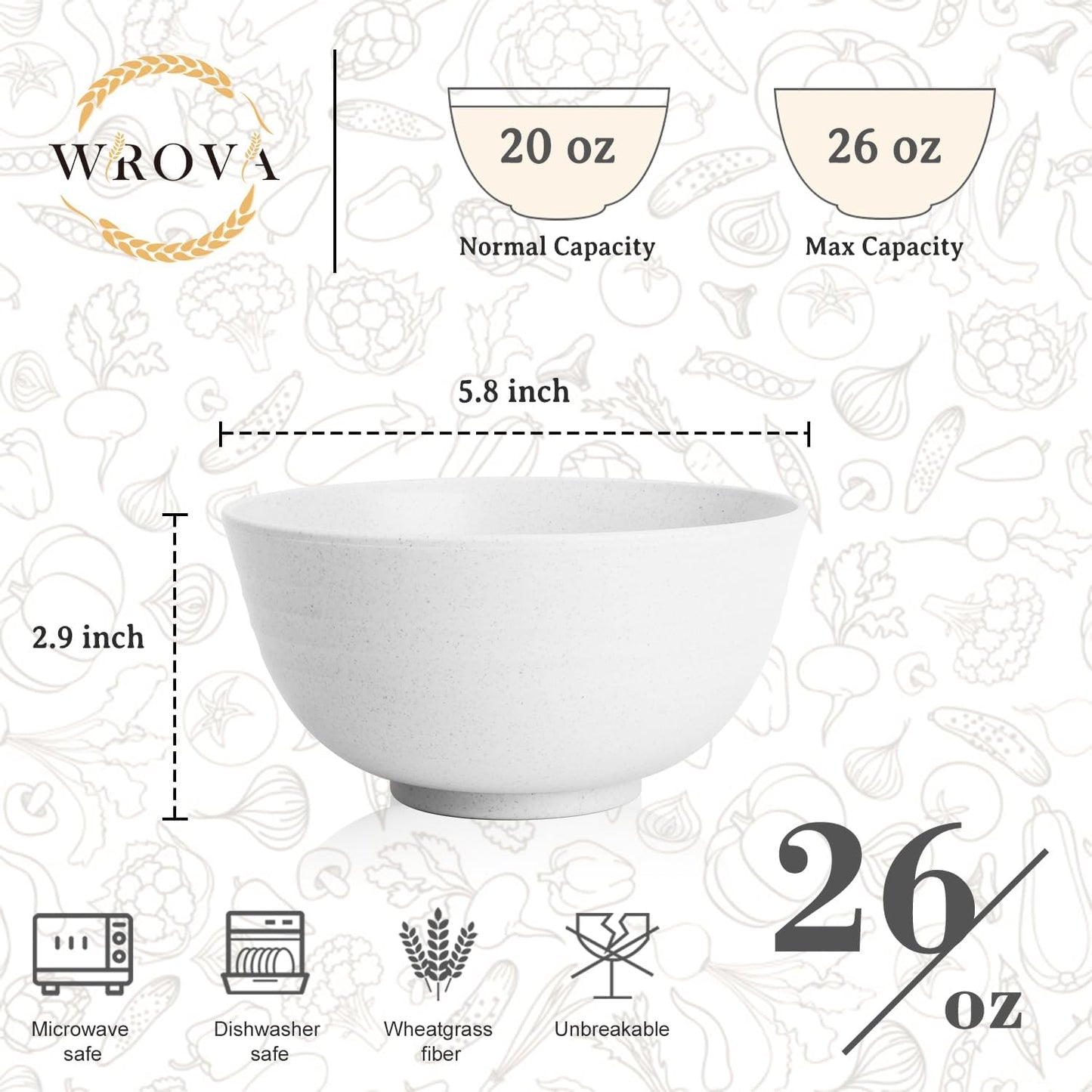 Wheat Straw Camping Bowls Sets of 6,Unbreakable 26oz Lightweight Bowls Sets for Outdoors Activity,Breakfast Bowls for Cereal and Salad.White Series