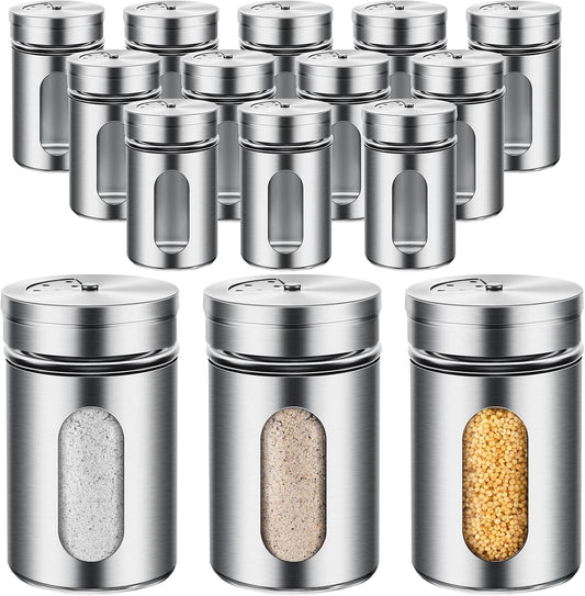 Dandat 12 Pcs Salt and Pepper Shakers Stainless Steel Spice Shakers with Adjustable Pour Holes and Glass Window 3.4oz Salt Dispenser Spice Jars with Rotating Lids for Sugar Seasoning Home
