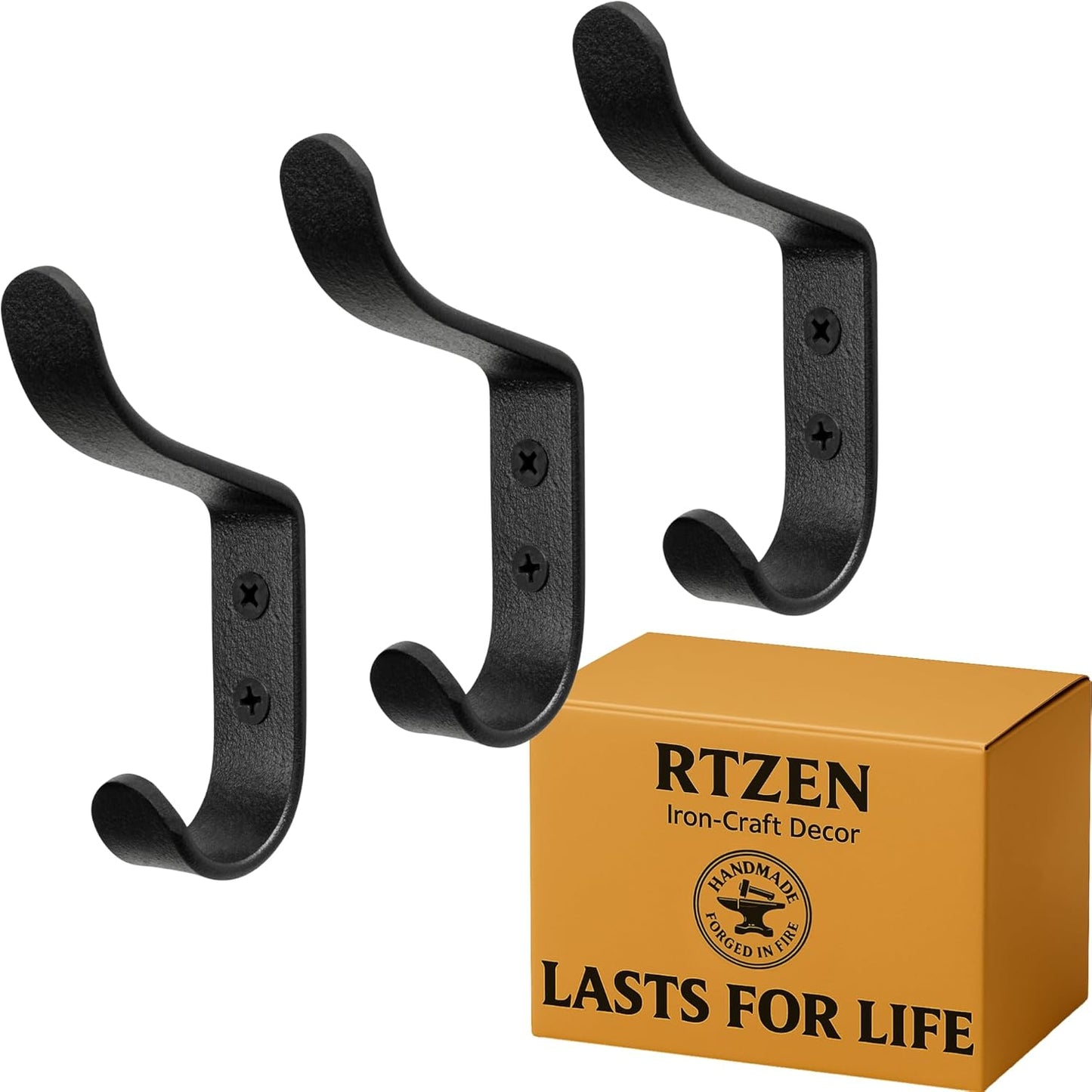 RTZEN Wall Mount Hook Set - Wrought Iron Decorative Rustic Metal Coat Hooks for Hanging - Handcrafted Classic Farmhouse Wall Mounted Black Hooks for Towel Robe or Hat Hanging - 3 Pack