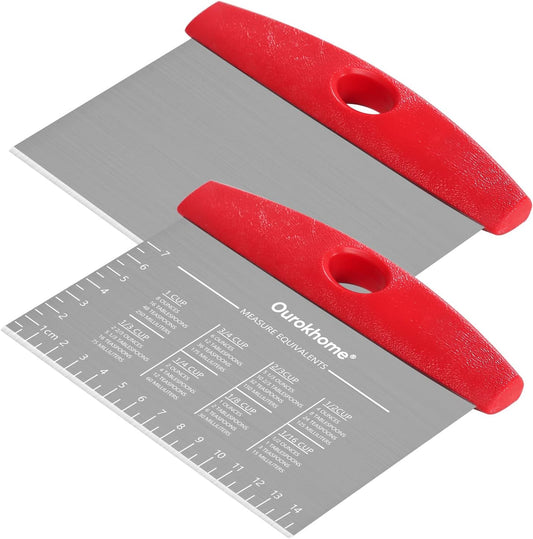 Ourokhome Dough Pastry Bench Cutter Scraper, Stainless Steel Pizza Cutter for Kitchen Baking, Dishwasher Safe, Anti-Wear Laser-Engraved Measuring Scale and Conversion Chart, 2 Pack, Red