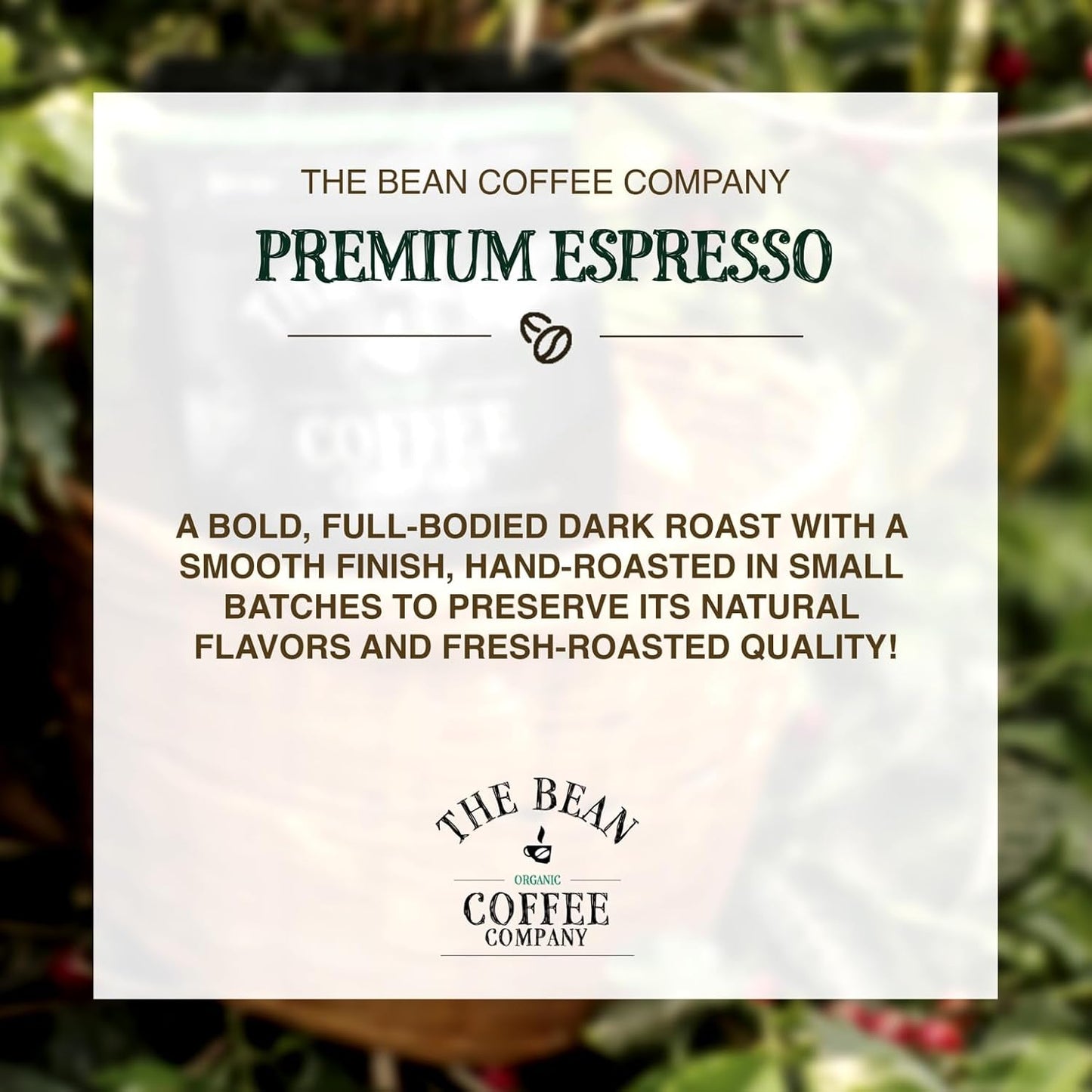 The Bean Organic Coffee Company Premium Espresso, Dark Roast, Whole Bean Coffee, 16-Ounce Bag