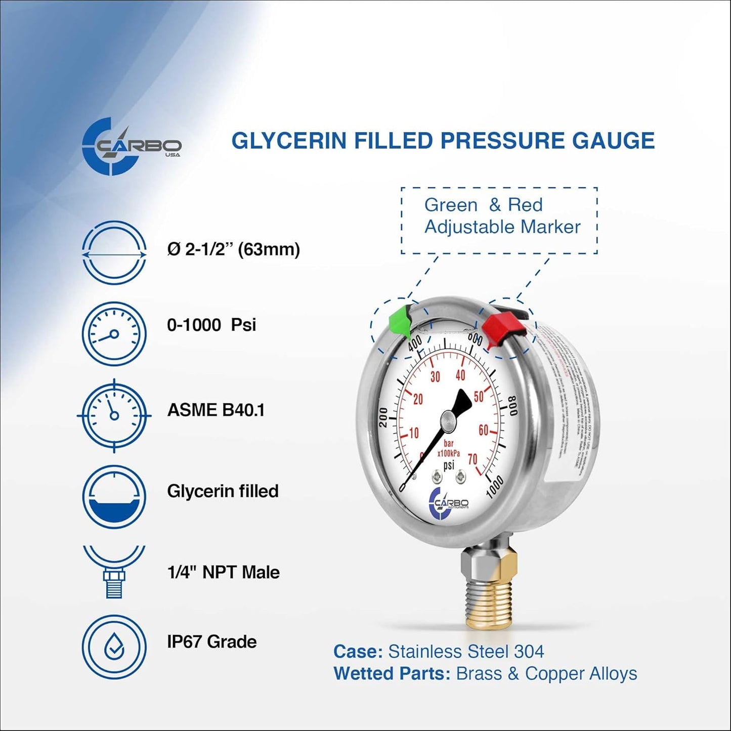 Stainless Steel Pressure Gauge Dual Display (0-1000 psi/kPa) - 2 1-2" Glycerine Liquid Filled Water Air Oil Gas Gauge with Polycarbonate Lens & Brass Connection -1/4" NPT Lower Mount