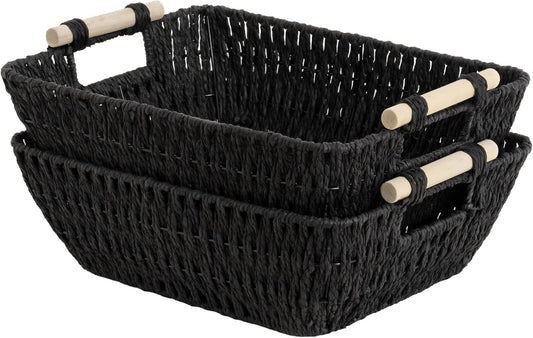 StorageWorks Large Wicker Storage Basket for Organizing with Wooden Handles, Toilet Paper Baskets for Bathroom, Black, 2-Pack