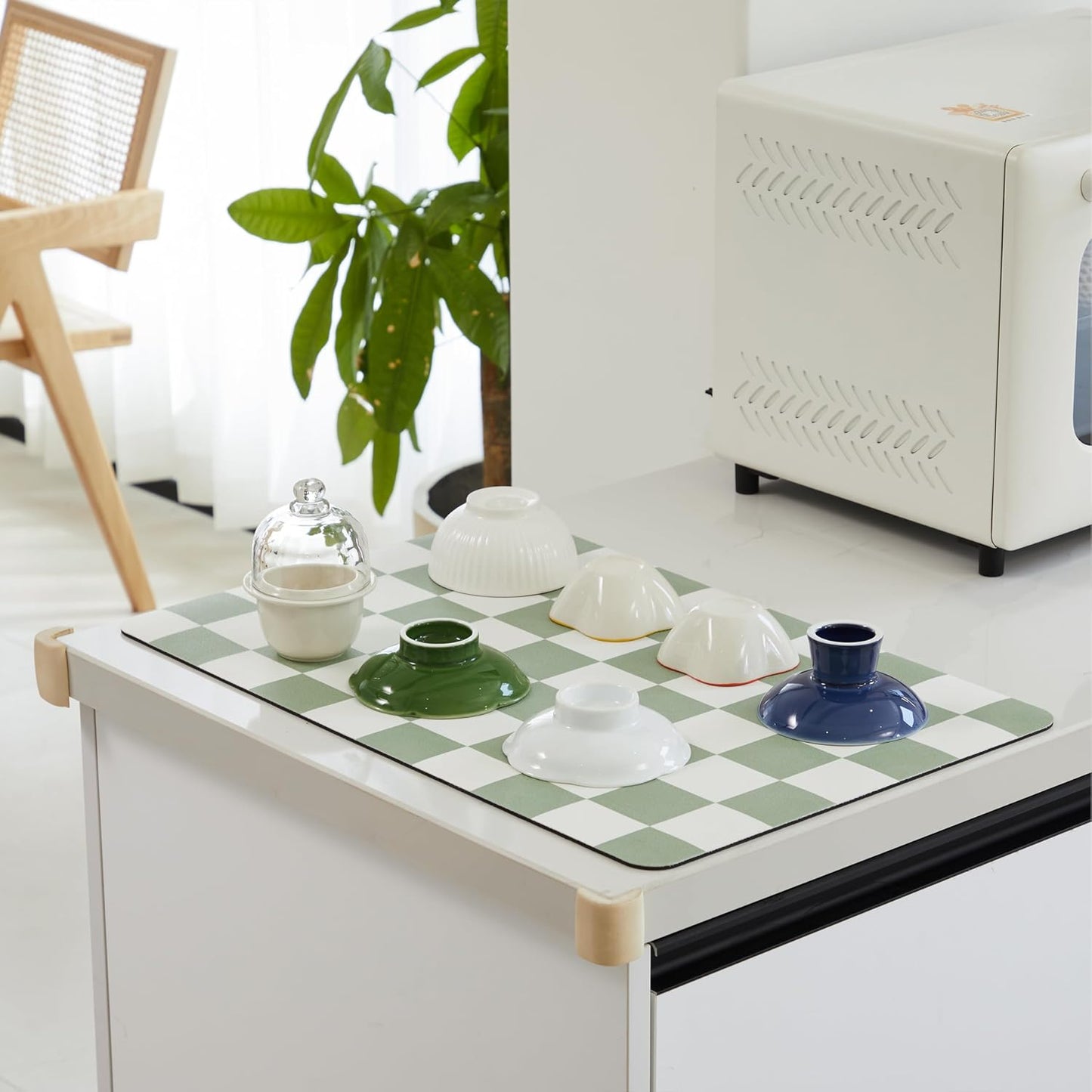 Checkered Dish Drying Mat for Kitchen Counter, Coffee Bar Station Accessories, Retro Cute Aesthetic Modern Absorbent Drainer Mat Kitchen Drying Mat Easy Clean, Sage 12" x 19"