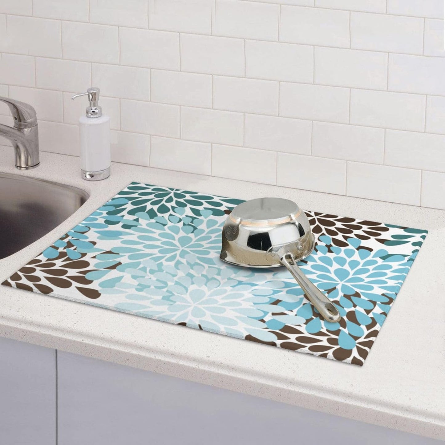 Blue Gray Dahlia Flowers Dish Drying Mat 18x24 inch for Kitchen Spring Floral Dishes Pad Dish Drainer Rack Mats Absorbent Fast Dry Kitchen Accessories