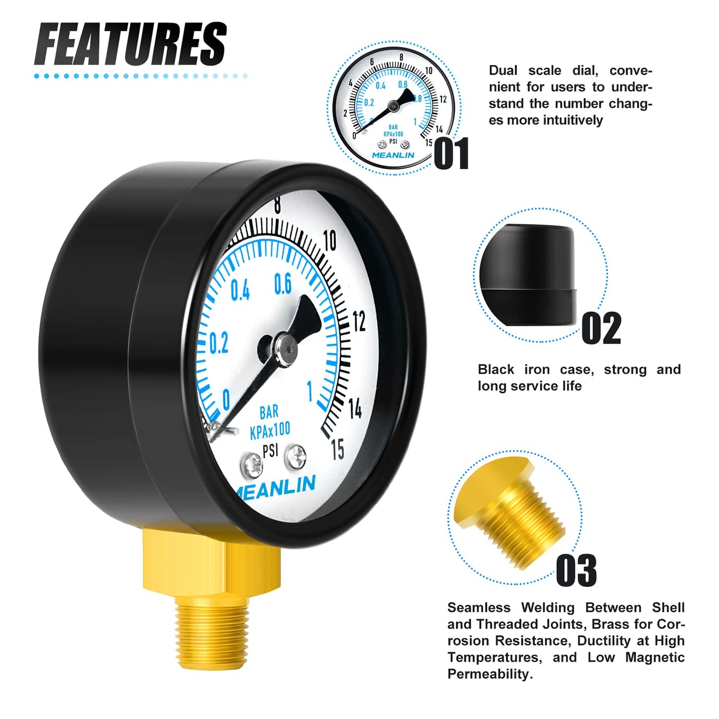 MEANLIN MEASURE 0-15Psi 2" DIAL FACE 1/8" NPT Well Pump Pressure Gauge, with 1/4" NPT and 3/8" NPT Hex Bushing, 3-2-3% Accuracy, Lower Mount