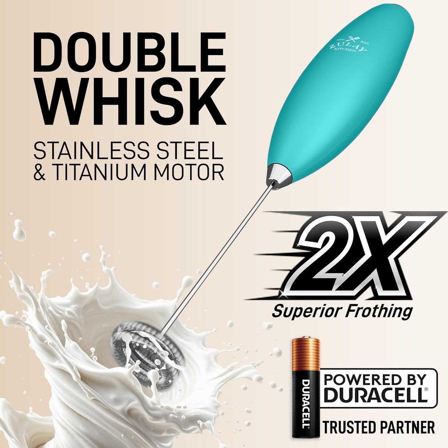 Zulay Kitchen Whisk Milk Frother with 4 Duracell Batteries - Powerful Handheld Foam Maker for Coffee, Lattes, Matcha, Hot Chocolate & Cappuccinos - Whip Creamy Froth in Seconds