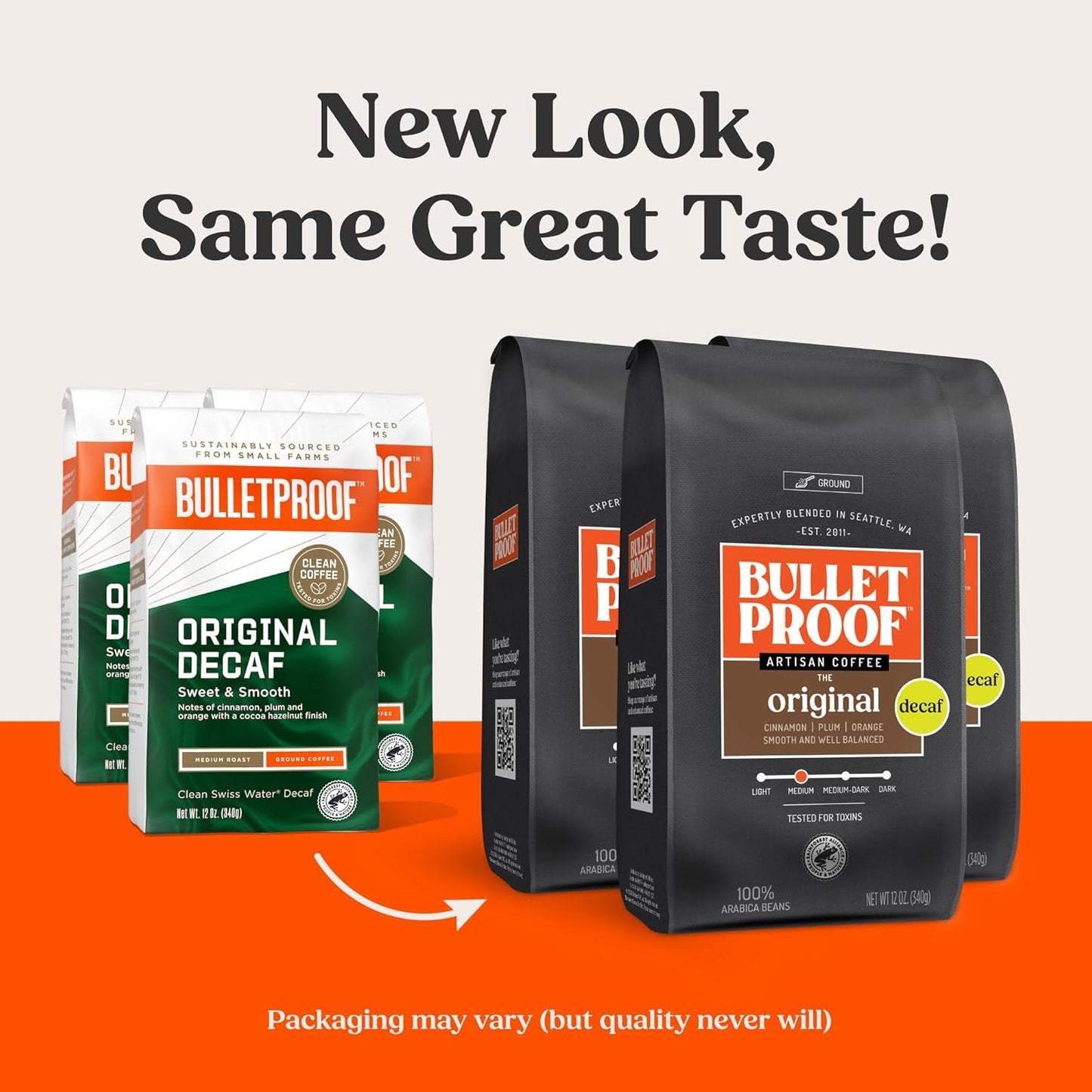 Bulletproof Original Medium Roast Ground Decaf Coffee, 12 Ounces (Pack of 3), Clean Coffee Tested for Toxins, Packaging May Vary
