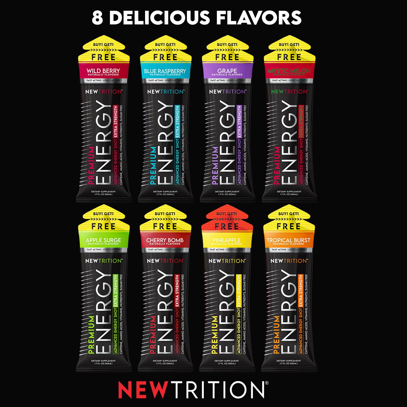 NewTrition® Extra Strength Energy Shots, 250mg Caffeine Energy Shots with Vitamin B & Amino Acids, Sugar-Free Vitamin Energy Shot, 1.7 fl oz (Pack of 24, 4 Flavors-Mixed-2)
