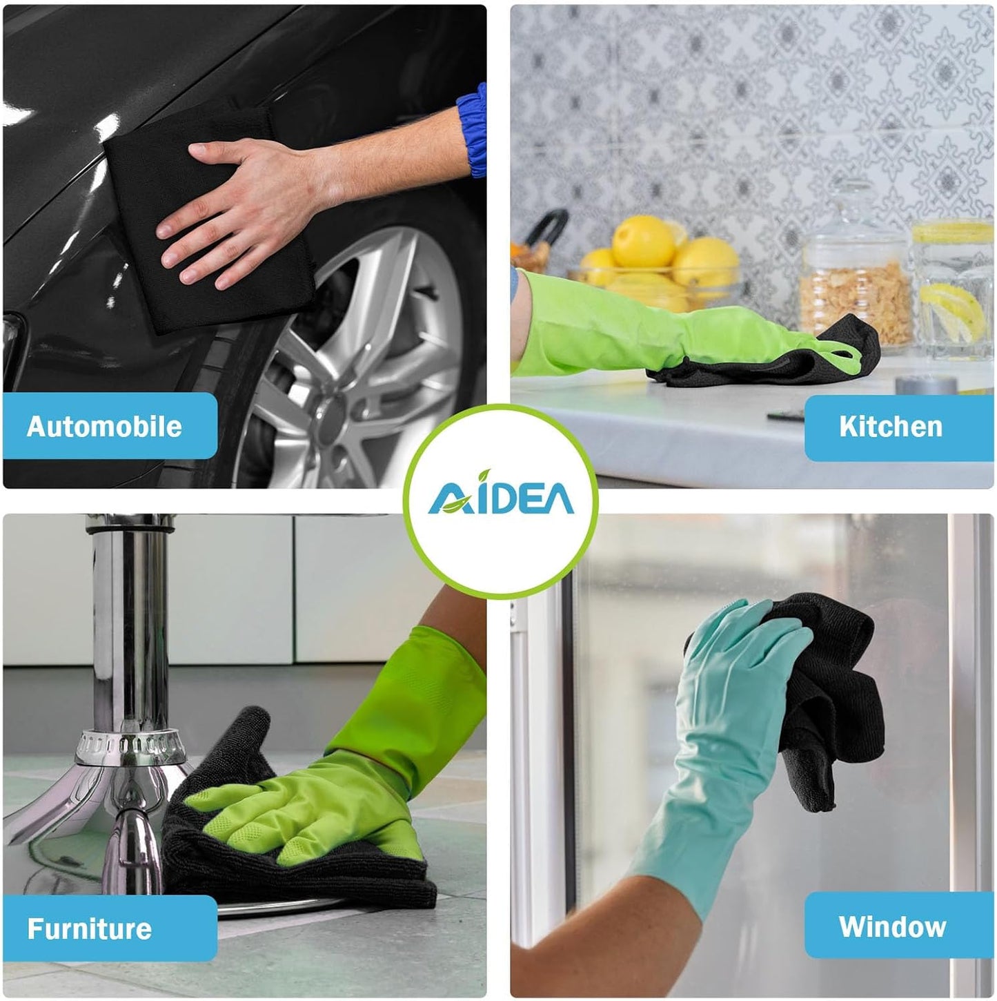 AIDEA Microfiber Cleaning Cloth Black 24PK, Microfiber Towels for Cars, Premium Car Cloths, Dusting Cloth Lint Free Cleaning Rags for SUVs, House, Kitchen, Window, Workshops,11.5×11.5"