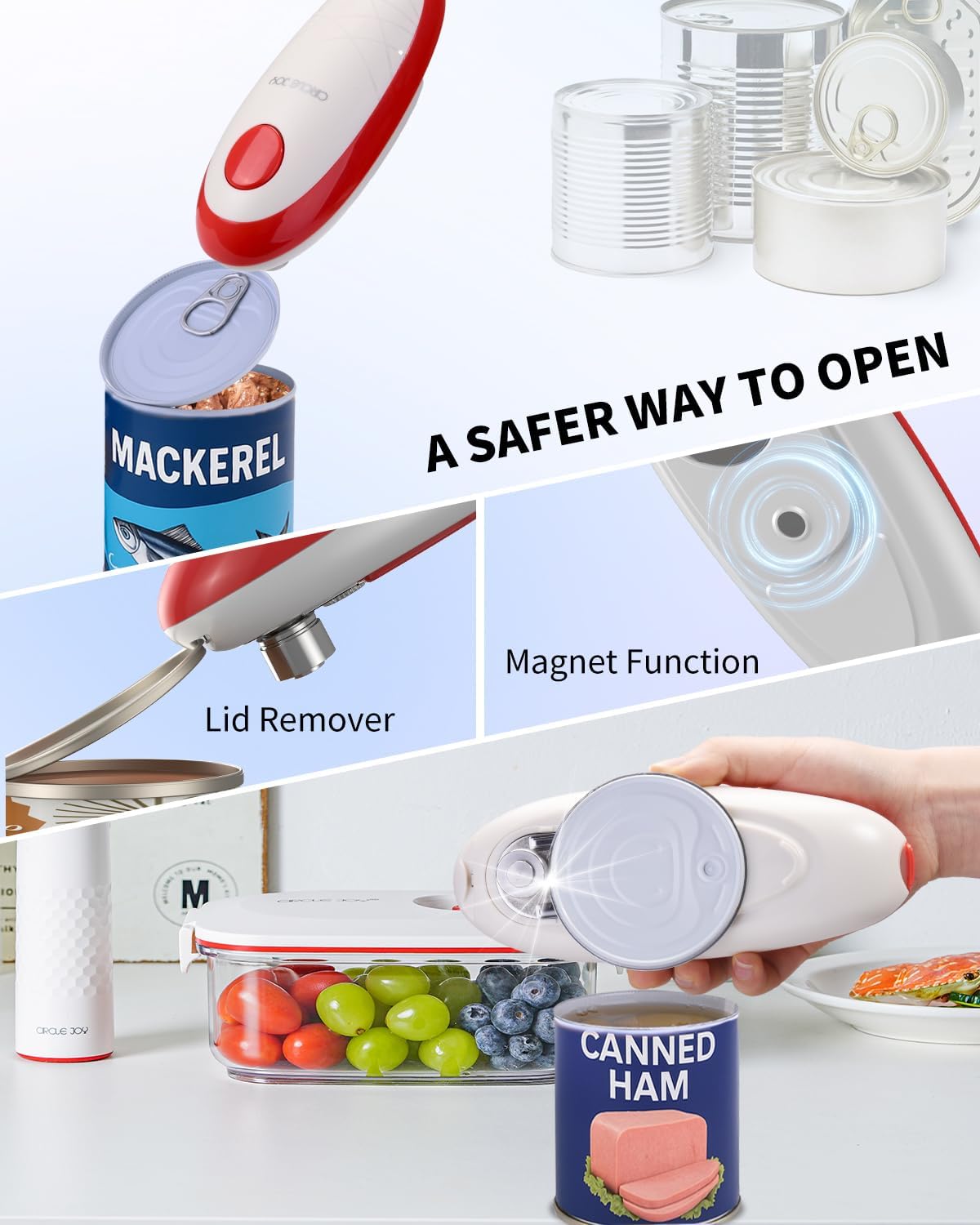 CIRCLE JOY Electric Can Opener, One-Touch Automatic Can Opening with Smooth Edges, Food Safety Handheld Battery-Operated Can Opener for Kitchen and Seniors, Red