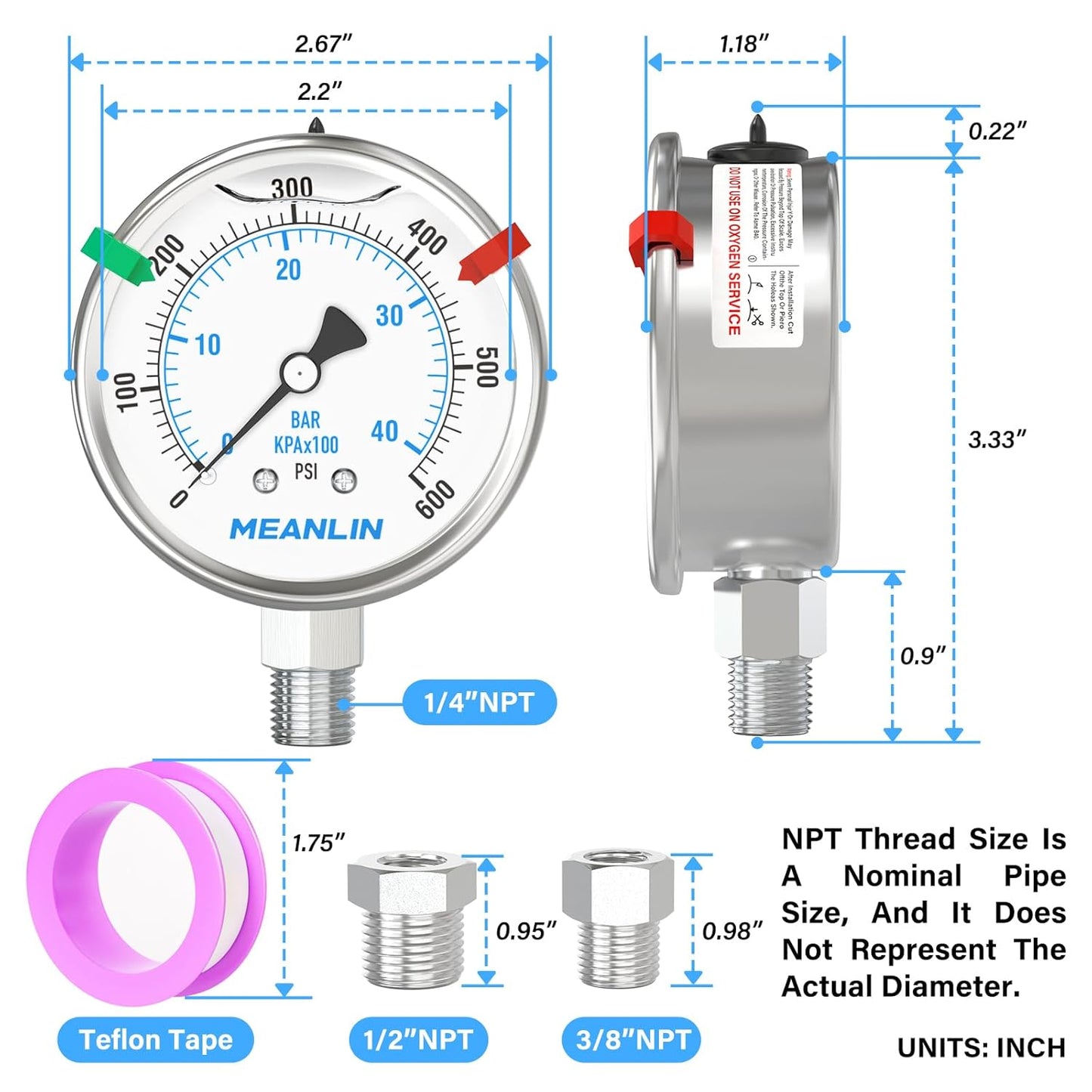 MEANLIN MEASURE 0~600Psi Stainless Steel Liquid Filled Pressure Gauge 2.5" FACE DIAL 1/4" NPT for WOG Water Oil Air Lower Mount with Stainless Steel Hex Bushing and Snaps
