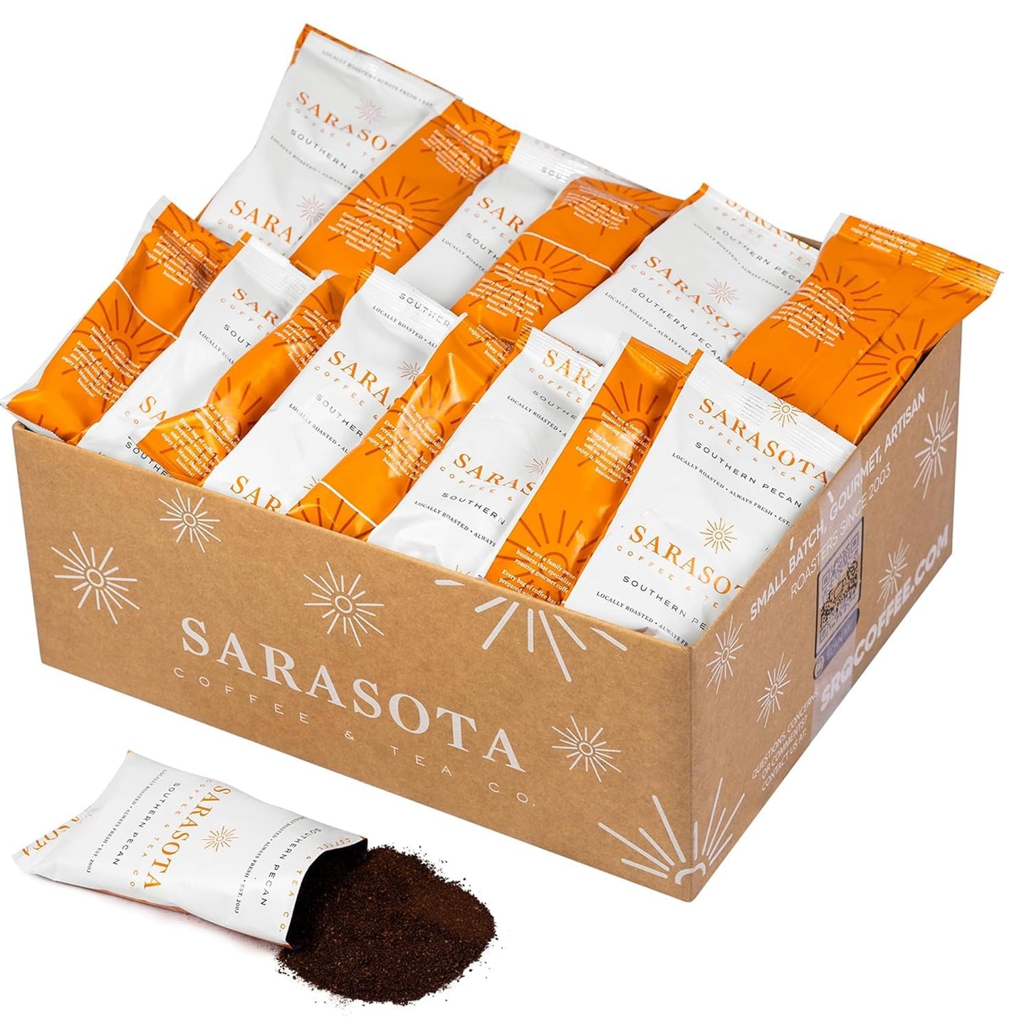 Sarasota Coffee Flavored Ground Packets | Southern Texas Butter Pecan | Gourmet Medium Roast Bulk Coffee Packs | Low Acid Mold Free Individual Pouches for 12 Cup | 2.5 Ounce Bags, 36 Count