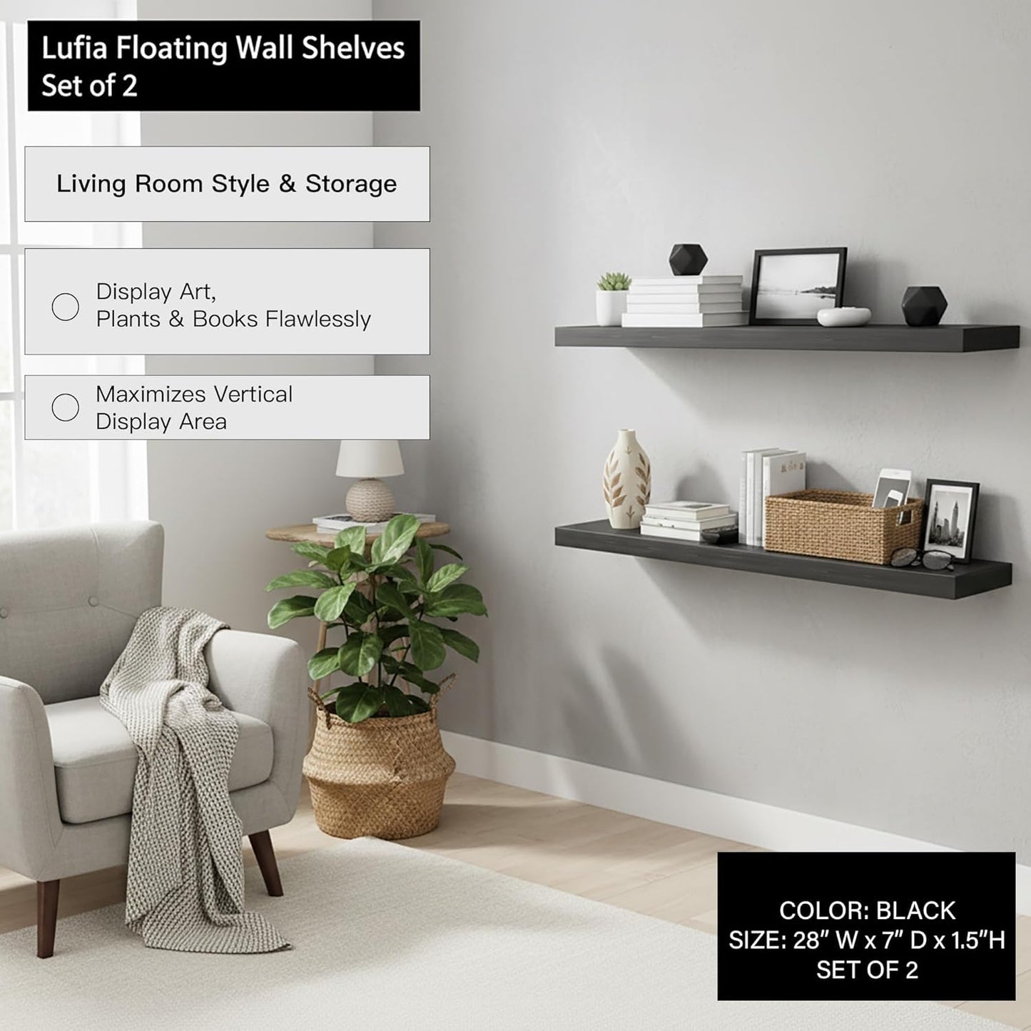 Lufia Floating Wall Shelves, Set of 2, MDF with Invisible Brackets, Modern Storage for Bedroom, Bathroom, Living Room, Kitchen (Black, 28" W X 7" D X 1.5" H)