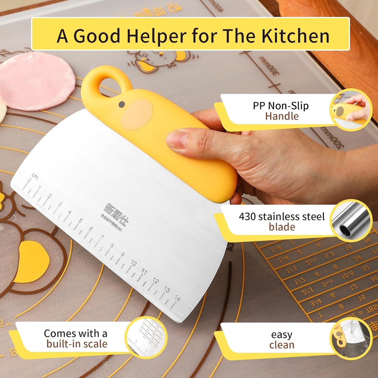 Bench Scraper for Bread, Stainless Steel Dough Cutter and Scraper Double Sided Scale Metal Food Scraper Chopper Kitchen Baking Tool for Cake Pastry, with Plastic Grip